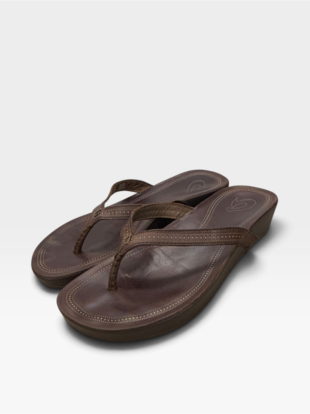 OluKai Women's Dark Brown Leather Wedge Thong Sandals